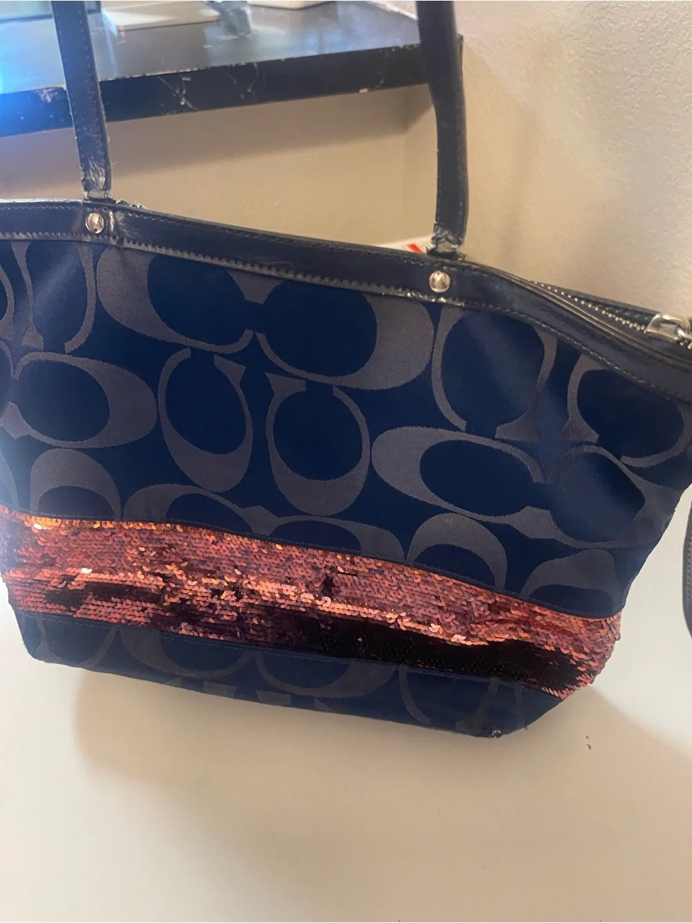 Coach Black Signature Tote with Copper Sequin Stripe
